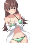  1girl akahi242 bikini breasts brown_eyes brown_hair cleavage cowboy_shot dress_shirt green_bikini highres kantai_collection large_breasts long_hair looking_at_viewer one-hour_drawing_challenge ooi_(kancolle) open_clothes open_shirt shirt simple_background solo swimsuit white_background white_shirt 
