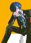  1boy blue_eyes blue_hair bow capsule digital_media_player evoker gekkoukan_high_school_uniform hair_over_one_eye head_rest headphones highres jacket jewelry looking_to_the_side male_focus necklace persona persona_3 ribbon school_uniform shirt short_hair sitting solo ttk211 weapon yellow_background yuuki_makoto 