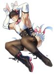  1boy animal_ears bara black_hair boots bunny_pose corset crossdressing elbow_gloves food-themed_hair_ornament gloves hair_between_eyes hair_ornament heterochromia highres lace-trimmed_legwear lace_trim looking_at_viewer male_focus male_playboy_bunny muscular muscular_male neck_ribbon original rabbit_ears rabbit_tail red_eyes ribbon scar scar_on_arm scar_on_face short_hair strawberry_hair_ornament tail thighhighs yukibi_(ykb) 