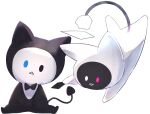  :&gt; :&lt; absurdres animal_ears black_bow black_bowtie black_eyes black_tail bloom_(irys) blue_eyes bow bowtie cat cat_ears english_commentary floating getto gloom_(irys) heterochromia highres hololive hololive_english mascot red_eyes sitting stuffed_toy tail white_bow white_bowtie white_eyes 