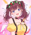  1girl bangs blue_eyes blurry blurry_foreground choker heart heart_choker highres lee_roha medium_hair mugimugigo nijisanji nijisanji_kr off-shoulder_shirt off_shoulder open_mouth red_hair shirt solo suspenders twintails virtual_youtuber yellow_shirt 