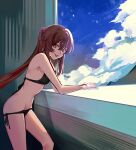  1girl :p absurdres arm_rest bare_legs bare_shoulders bikini bikini_pull black_bikini blue_sky breasts brown_hair clothes_pull cloud erroten from_side genshin_impact gradient_hair highres hu_tao_(genshin_impact) legs long_hair looking_at_viewer looking_to_the_side multicolored_hair red_eyes red_hair side-tie_bikini sky small_breasts solo swimsuit symbol-shaped_pupils thighs tongue tongue_out twintails two-tone_hair 