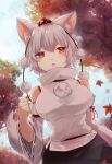  1girl animal_ears bangs bare_shoulders black_skirt blue_sky detached_sleeves inubashiri_momiji koto_(shiberia39) leaf looking_at_viewer maple_leaf open_mouth outdoors petals red_eyes shirt short_hair skirt sky solo tail touhou tree white_hair white_shirt white_sleeves wolf_ears wolf_girl wolf_tail 