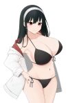  1girl absurdres bangs bare_shoulders bikini black_bikini black_hair breasts charlotte171 commentary cowboy_shot front-tie_bikini front-tie_top hairband highres huge_breasts jacket long_hair long_sleeves navel off_shoulder open_clothes open_jacket red_eyes side-tie_bikini simple_background solo spy_x_family standing stomach swimsuit thighs white_background white_hairband white_jacket yor_briar 