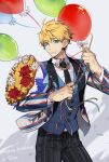  1boy ahoge arthur_pendragon_(fate) arthur_pendragon_(formal_dress)_(fate) balloon blonde_hair blue_eyes bouquet fate/prototype fate_(series) grin hair_between_eyes happy_birthday highres holding holding_balloon jacket looking_at_viewer male_focus necktie pants patient_zero short_hair smile solo striped striped_jacket striped_pants waistcoat 