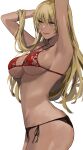  1girl armpits arms_behind_head arms_up bangs bare_shoulders bikini blonde_hair breasts brown_eyes cleavage collarbone dark-skinned_female dark_skin fire_emblem fire_emblem:_the_binding_blade highres igrene_(fire_emblem) j@ck large_breasts long_hair looking_to_the_side smile solo swimsuit thighs 