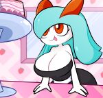  big_breasts black_pupils blep blue_hair blush breasts cake cleavage clothed clothing dessert dress ekkokenight female food hair hi_res huge_breasts humanoid kirlia nintendo orange_eyes pok&eacute;mon pok&eacute;mon_(species) pupils rui_(sugaru) shiny_pok&eacute;mon solo tongue tongue_out video_games white_body 