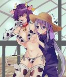  2girls :&lt; absurdres alternate_hairstyle animal_ears animal_print areola_slip asahina_mafuyu barn bell bikini blue_eyes blush breast_grab breasts closed_mouth collar cow_ears cow_horns cow_print cow_tail cowbell ear_tag elbow_gloves flying_sweatdrops gloves grabbing grabbing_from_behind groin groping hair_between_eyes hat highres horns jacket large_breasts long_hair looking_at_another lowleg lowleg_bikini mafuyusdil multiple_girls navel neck_bell official_alternate_hairstyle one_eye_closed open_mouth outdoors pants project_sekai purple_hair red_collar short_hair side-tie_bikini sidelocks sleeves_pushed_up standing stomach straw_hat swimsuit tail thighhighs track_jacket track_pants track_suit trembling very_long_hair white_hair yoisaki_kanade yuri 