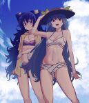  2girls absurdres arm_at_side arm_up bangs bare_arms bare_shoulders bikini bikini_under_clothes black_headwear blue_eyes blue_hair blue_sky blush bow breasts cardigan closed_mouth cloud collarbone day drawstring food fruit groin hair_between_eyes hair_bow hand_on_headwear hat highres hinanawi_tenshi hood hood_down hooded_cardigan kaden_(muxt8423) leaf legs_apart long_hair long_sleeves looking_at_viewer multiple_girls navel open_cardigan open_clothes open_mouth outdoors peach red_eyes ribs skinny sky small_breasts smile standing stomach swimsuit touhou very_long_hair wavy_mouth yorigami_shion 