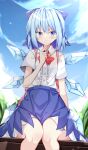  1girl alternate_costume bangs blue_bow blue_eyes blue_hair blue_skirt blue_sky bow bowtie cirno closed_mouth cloud hair_bow highres ice ice_wings looking_at_viewer outdoors red_bow red_bowtie sabana school_uniform shirt short_sleeves sitting skirt sky solo sweatdrop touhou white_shirt wings 