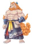  abs anthro armguards armpit_hair asian_clothing asian_mythology biceps biped black_nose blue_eyes body_hair clothed clothing colored east_asian_clothing east_asian_mythology elbow_fur eyebrows foo_dog fur hair hands_on_hips hi_res japanese_clothing japanese_mythology komainu male mammal muscular muscular_anthro muscular_male mythology orange_eyebrows orange_hair orange_pubes orange_tail pecs pubes sdorica shirtless simple_background solo tan_body tan_fur thick_eyebrows toyokuni weedwolf white_background yōkai 