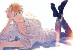  1boy artist_name black_socks bleach full_body hand_on_own_face happy_birthday highres kurosaki_ichigo lips long_sleeves looking_at_viewer lying on_stomach orange_hair parted_lips shirt short_hair sleeves_rolled_up socks solo teeth ten0u0 white_background white_shirt yellow_eyes 