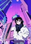  1980s_(style) 5_rebbeccas bangs black_hair bomber_jacket city enpera hair_between_eyes highres jacket long_hair looking_at_viewer looking_down low_twintails parted_lips plaid plaid_scarf purple_eyes retro_artstyle ribbon scarf tamura_yuri twintails vaporwave watashi_ga_motenai_no_wa_dou_kangaetemo_omaera_ga_warui! 