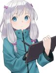  1girl aqua_jacket bangs blue_eyes bow closed_mouth commentary_request drawing_tablet eromanga_sensei grey_hair hair_bow highres holding holding_stylus izumi_sagiri jacket long_hair long_sleeves looking_at_viewer low-tied_long_hair pink_bow shimizu_tomoki simple_background solo stylus upper_body white_background 