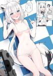  1girl ahoge animal_ears areola_slip bikini blush breasts camera detached_sleeves fox_ears fox_girl fox_tail highres hololive long_hair low-tied_long_hair micro_bikini nanamiya_natsumi navel shirakami_fubuki swimsuit tail translation_request white_hair 