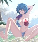  armpits bangs barefoot bikini blue_eyes blue_hair breasts cleavage feet highres holding holding_umbrella large_breasts navel one_eye_closed short_hair soles sunnysideup swimsuit tatara_kogasa toes tongue touhou umbrella 