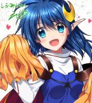  1girl ahoge blue_eyes blue_hair blush breasts cape crescent crescent_hair_ornament endori hair_ornament looking_at_viewer open_mouth pointy_ears red_cape rena_lanford short_hair smile solo star_ocean star_ocean_the_second_story 