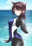  1girl artist_name black_bodysuit black_headband blue_sky blue_swimsuit bodysuit brown_hair cloud competition_swimsuit dated day hair_flaps hatsuzuki_(kancolle) headband highres horizon kantai_collection nitamako_(sakamalh) ocean one-hour_drawing_challenge one-piece_swimsuit outdoors partially_translated short_hair sky solo sparkle swimsuit swimsuit_over_clothes translation_request water yellow_eyes 