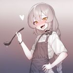  1boy apron blush bow braid fang gradient gradient_background hair_bow hand_on_hip heart holding holding_ladle ikr_(artist) ladle long_hair looking_at_viewer male_focus open_mouth otoko_no_ko shirt solo spot_color tongkkangi tongkkangi_(streamer) upper_body yellow_eyes 