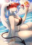 1girl absurdres bangs bare_arms bare_shoulders bikini black_bikini blue_sky bracelet breasts cleavage cloud commentary day demon_tail food hand_up helltaker highres holding holding_food horns ice_cream ice_cream_cone jewelry large_breasts loremaster_(helltaker) ocean ohako_(ohako1818) outdoors ponytail red_eyes sitting sky solo stomach swimsuit tail thighs visor_cap water white_hair 