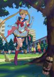  absurdres bishoujo_senshi_sailor_moon blonde_hair blue_eyes boots full_body gloves highres pxvxvx red_footwear running skirt solo tree tsukino_usagi white_gloves 