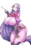  1girl absurdres bai_linqin bangs blush bodysuit breasts covered_nipples fate/grand_order fate_(series) fingerless_gloves gloves highres huge_breasts kneeling large_breasts long_hair looking_at_viewer minamoto_no_raikou_(fate) motherly parted_bangs purple_bodysuit purple_eyes purple_hair ribbed_sleeves rope smoking_pipe solo tabard very_long_hair 