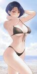  1girl alternate_costume arms_up beach bikini black_bikini blue_hair blush breasts cleavage closed_mouth cloud dark_blue_hair english_commentary fire_emblem fire_emblem:_three_houses highres large_breasts looking_at_viewer purple_eyes raised_eyebrows shamir_nevrand short_hair sky solo strap_gap swimsuit thighs tommy_(kingdukeee) wet 