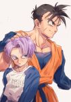  2boys black_eyes black_hair bowl_cut clothes_writing cowlick dougi dragon_ball dragon_ball_z height_difference highres looking_away masanaga_(tsukasa) multiple_boys muscular muscular_male purple_hair short_hair simple_background son_gohan_(future) spiked_hair trunks_(dragon_ball) trunks_(future)_(dragon_ball) white_background 