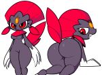  anthro bent_over big_butt black_pupils breasts butt claws ekkokenight feathers featureless_breasts female forehead_gem grey_body hi_res kneeling looking_back nintendo nude pok&eacute;mon pok&eacute;mon_(species) pupils red_eyes smile solo thick_thighs video_games weavile 