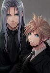  2boys alternate_costume aqua_eyes bangs beckey9415 black_gloves black_jacket black_shirt black_suit blonde_hair cloud_strife earrings final_fantasy final_fantasy_vii final_fantasy_vii_remake formal gloves green_eyes green_hair grey_background hand_on_another&#039;s_shoulder highres jacket jewelry long_hair looking_at_viewer male_focus multiple_boys necktie parted_bangs sephiroth shirt short_hair single_earring smile spiked_hair suit upper_body white_shirt 