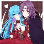  1boy 1girl :d bangs blue_eyes blue_hair blush border breasts brown_background cape circlet cleavage closed_mouth couple dress eirika_(fire_emblem) fire_emblem fire_emblem:_the_sacred_stones flower frown hair_between_eyes hair_intakes hand_on_another&#039;s_hip heart hetero highres holding holding_flower layered_sleeves long_hair long_sleeves looking_at_viewer lyon_(fire_emblem) medium_breasts misato_hao outside_border plaid plaid_background purple_cape purple_flower purple_hair red_dress red_eyes shiny shiny_hair short_over_long_sleeves short_sleeves smile underbust white_border 
