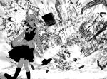  1girl apron black_dress black_eyes bow braid clock clock_tower dress explosion greyscale hair_bow izayoi_sakuya komeo long_sleeves maid maid_headdress monochrome scarlet_devil_mansion smile socks solo touhou tower twin_braids waist_apron white_apron white_hair 