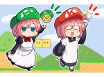  +_+ 1-up_mushroom 2girls :d ^_^ apron bangs blue_eyes bow bowtie closed_eyes expressionless full_body green_headwear highres hisui_(tsukihime) itsuka_neru juliet_sleeves kohaku_(tsukihime) long_sleeves maid mario_(series) multiple_girls no_mouth open_mouth pink_hair polka_dot puffy_sleeves red_bow red_bowtie red_headwear sandals short_hair siblings sisters smile star_bit super_mario_bros._1 super_mario_galaxy tsukihime twins white_apron wide_sleeves 