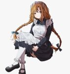  1girl alternate_costume apron asuna_(sao) bangs black_dress black_footwear bow braid brown_eyes brown_hair c: closed_mouth dress enmaided feet_out_of_frame floating_hair hair_between_eyes hair_bow long_hair long_sleeves looking_at_viewer maid maid_headdress mary_janes no_nose shi-tsu shoes simple_background sitting smile socks solo sword_art_online twin_braids twintails very_long_hair white_apron white_background white_socks 