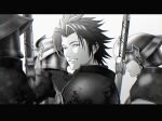  armor bangs black_hair blue_eyes crisis_core_final_fantasy_vii earrings final_fantasy final_fantasy_vii greyscale grin helmet jewelry ko102k1 letterboxed looking_at_viewer male_focus medium_hair monochrome multiple_boys parted_bangs shoulder_armor single_earring smile spiked_hair spot_color sword teeth weapon weapon_on_back white_background younger zack_fair 