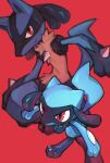  blurry closed_mouth commentary_request evolutionary_line highres looking_at_viewer lucario pokemon pokemon_(creature) red_background red_eyes riolu smile spikes tako2_eaka yellow_fur 