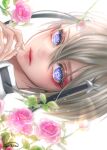  1boy absurdres androgynous black_hair blonde_hair blue_eyes closed_mouth exif_rotation flower highres hyuuga_masamune looking_at_viewer male_focus multicolored_hair pink_flower pink_rose rose short_hair solo touken_ranbu white_background zasikirou 