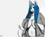 anthro bathroom belly big_breasts blue_hair breasts canid canine clothed clothing dirtyscoundrel female hair hi_res huge_breasts looking_at_viewer mammal navel partially_clothed signature simple_background sketch smile solo white_background white_body 