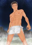  1boy abs black_hair blue_eyes blurry collarbone depth_of_field facing_viewer hamukazuchan highres legs_apart light_smile looking_away male_focus naked_towel navel night nipples onsen original outdoors pectorals rock short_hair shorts_tan smirk solo spiked_hair standing steam tan tanlines toned toned_male towel towel_around_waist wading water wet wet_hair 