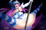  1girl :d bangs black_background blue_hair blunt_bangs blush bracelet breasts detached_sleeves green_eyes halo jewelry large_breasts long_sleeves looking_at_viewer multicolored_hair open_mouth panty_&amp;_stocking_with_garterbelt purple_hair pussy skirt smile solo spread_legs stocking_(psg) striped striped_legwear stripper_pole thighhighs thighs tofuubear uncensored 