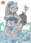  anthro bikini blue_clothing bodily_fluids bottomwear breasts cleavage clothed clothing eyes_closed female feral fur grey_body grey_ear grey_fur grey_hair grey_tail grise_(puppkittyfan1) group hair happy hi_res lagomorph leporid long_ears long_hair mammal navel palm_tree plant puppkittyfan1 rabbit smile solo solo_focus sun sweat swimwear thick_thighs topwear tree underwear water wide_hips 