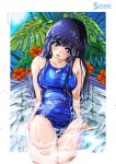 1girl blue_eyes blue_hair blue_sky blue_swimsuit border breasts collarbone competition_swimsuit day flower hair_between_eyes hair_ornament hairclip highres long_hair looking_at_viewer medium_breasts one-piece_swimsuit outdoors partially_submerged plant pool poolside sky smile solo sun sunlight swimsuit takaishi_fuu wading_pool water wet wet_clothes wet_swimsuit white_border 