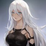  1girl bare_shoulders black_shirt black_tank_top blue_eyes breasts collarbone detached_sleeves grey_background hair_between_eyes highres large_breasts long_hair looking_at_viewer mole mole_under_mouth nier_(series) nier_automata shirt solo tank_top upper_body white_hair yorha_type_a_no._2 zieru 