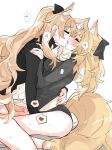  2girls animal_ear_fluff animal_ears arknights aunt_and_niece black_panties black_sweater blemishine_(arknights) blush chinese_text closed_eyes commentary english_commentary erection extra_ears futa_with_female futanari heart horse_ears horse_girl horse_tail implied_fingering incest long_hair long_sleeves multiple_girls panties penis rekka simple_background speech_bubble spoken_heart sweat sweater tail thick_eyebrows uncensored underwear very_long_hair whislash_(arknights) white_background 