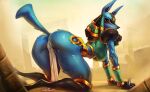  all_fours anthro big_butt butt clothing female hi_res holowear_(pok&eacute;mon) jewelry looking_back lucario nintendo pok&eacute;mon pok&eacute;mon_(species) pok&eacute;mon_unite redrime ruins_style_lucario solo thick_thighs video_games 