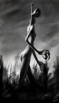  2020 breasts butt female for_a_head greyscale hi_res humanoid monochrome monstrous_humanoid not_furry nude object_head portrait ribs siren_head skinny solo three-quarter_portrait trevor_henderson w4g4 walking 