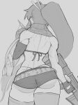  1girl ass bikini bikini_top_only greyscale gun highres holding holding_gun holding_weapon long_hair looking_away monochrome muscular muscular_female ponytail rifle scarf short_shorts shorts simple_background sketch sniper_rifle standing swimsuit tengen_toppa_gurren_lagann thighhighs weapon whale_tail_(clothing) yoko_littner yoracrab 