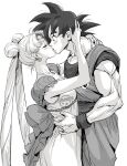  1boy 1girl arm_around_neck back_bow bangs belt bishoujo_senshi_sailor_moon black_hair blush bow breasts choker closed_eyes couple crescent crescent_earrings crossover double_bun dragon_ball dragon_ball_z dress earrings facial_mark forehead_mark greyscale hair_bun hand_in_another&#039;s_hair hand_on_another&#039;s_hip highres jewelry kiss long_dress long_hair looking_at_another medium_breasts monochrome muscular muscular_male parted_bangs sailor_moon shirt sleeveless sleeveless_shirt son_goku spiked_hair spot_color spykeee tsukino_usagi twintails upper_body wristband 