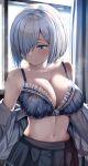  1girl banned_artist belko black_bra blue_eyes bra breasts cleavage collarbone dress_shirt frilled_bra frills grey_hair hair_ornament hair_over_one_eye hairclip hamakaze_(kancolle) highres kantai_collection large_breasts looking_away open_clothes open_shirt pleated_skirt shirt short_hair skirt sweatdrop underwear white_shirt 
