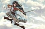  1girl belt black_hair boots breasts brown_jacket cloud cloudy_sky cosplay dual_wielding earrings fighting_stance final_fantasy final_fantasy_vii full_body hair_between_eyes highres holding jacket jewelry large_breasts long_hair long_sleeves looking_to_the_side low-tied_long_hair mikasa_ackerman mikasa_ackerman_(cosplay) neckerchief open_mouth pants red_eyes red_neckerchief shingeki_no_kyojin shirt shouting sky solo spykeee survey_corps survey_corps_(emblem) sword teeth three-dimensional_maneuver_gear tifa_lockhart upper_teeth weapon white_pants white_shirt 